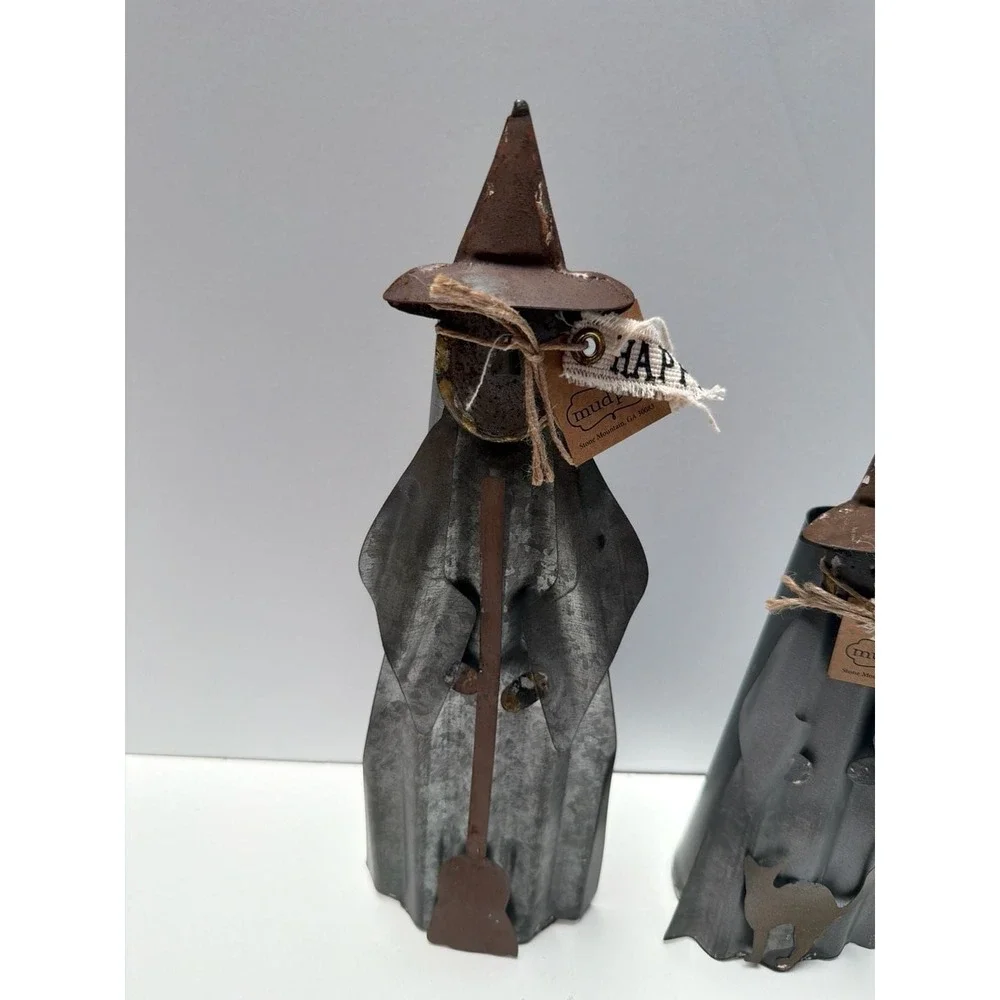 Mud Pie Set of 2 Galvanized Metal Halloween Witch‎ Figures with Broom and Cat